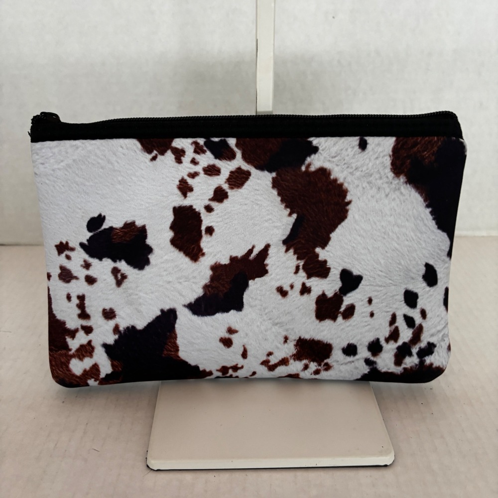 Makeup Bag Women Small Brown White Cow Print Faux Cowhide Western Pouch - Picture 3 of 8